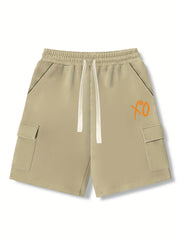 XO Pattern Comfy Shorts Men's Solid Knee Elastic Waist Drawstring Shorts