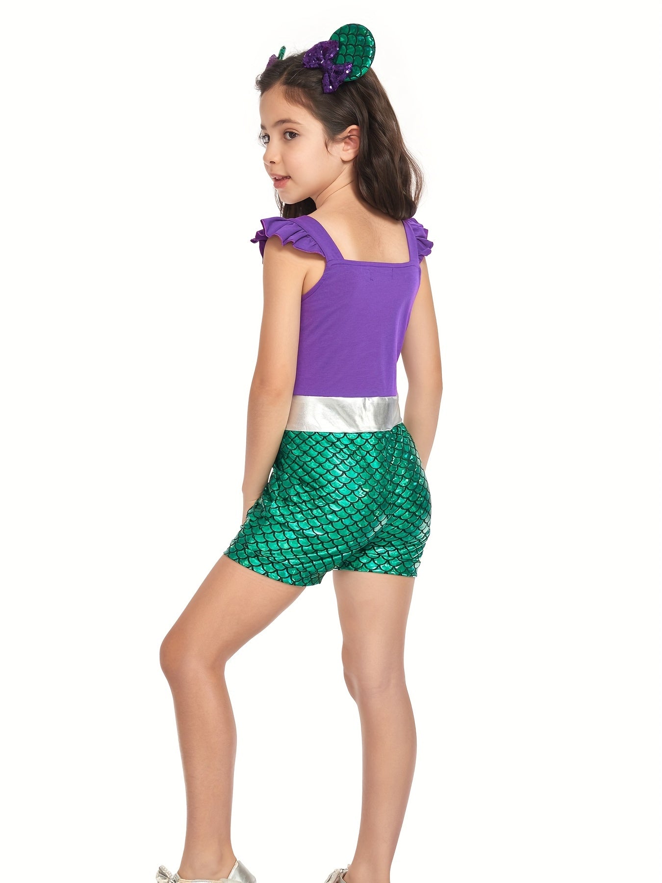 Girls Mermaid Ruffle Sleeve Jumpsuit with Bow Romper for Summer Costume