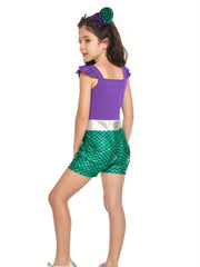 Girls Mermaid Ruffle Sleeve Jumpsuit with Bow Romper for Summer Costume