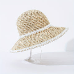 Beige Faux Pearl Decor Bucket Hat Crochet Summer Straw Sun Hats