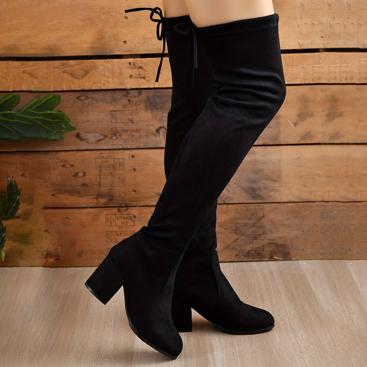 Women's Solid Long Boots Chunky Heel Lace Up Over Knee Shoes