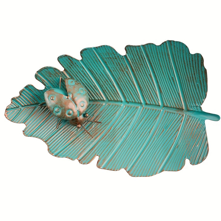 Leaf Shaped Metal Bird Bathtub with Ladybug Carving & Stake