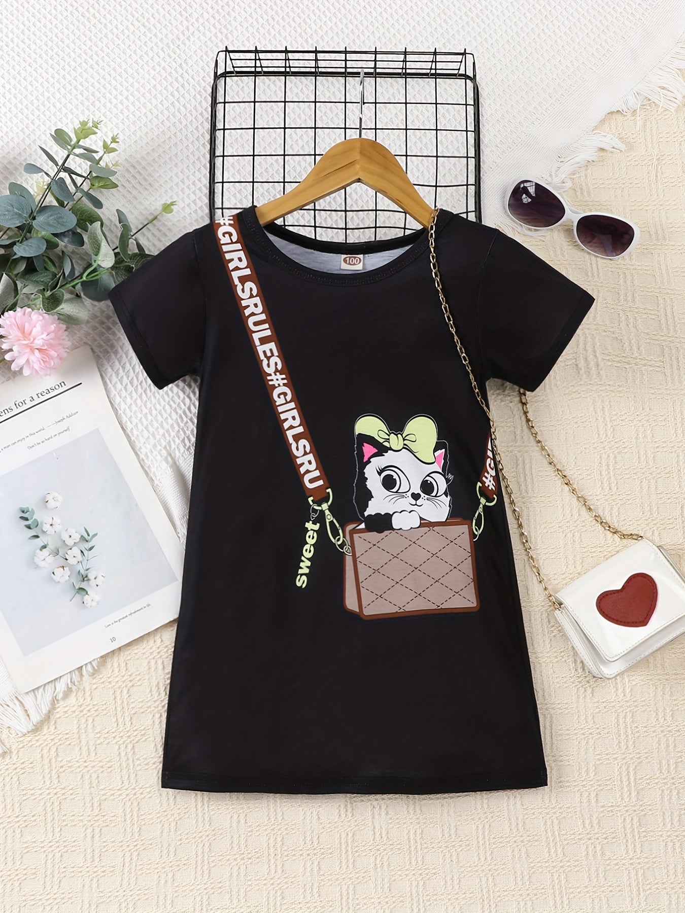 Girls Cat Print Short Sleeve Dress