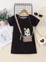 Girls Cat Print Short Sleeve Dress