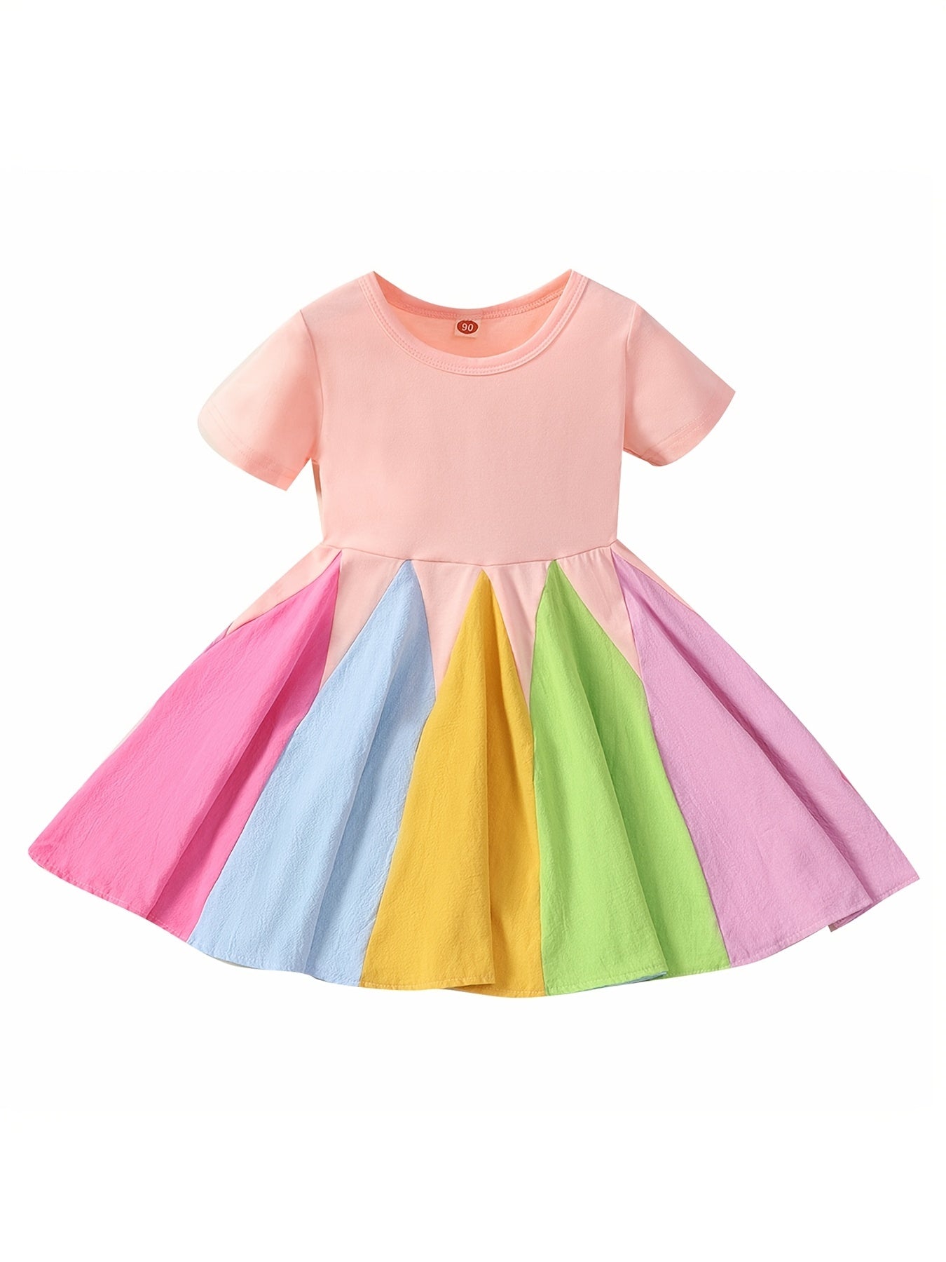 Girls Rainbow Block Short Sleeves Round Neck Cotton Casual Princess Dress