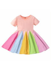 Girls Rainbow Block Short Sleeves Round Neck Cotton Casual Princess Dress