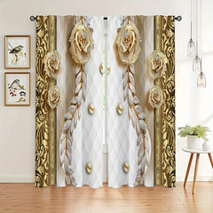 Marble Floral Printed Rod Pocket Curtains - Set of 2