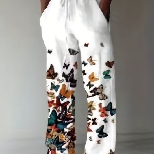 Men's Butterfly Pattern Straight Leg Pants Elastic Waist Beach Trousers