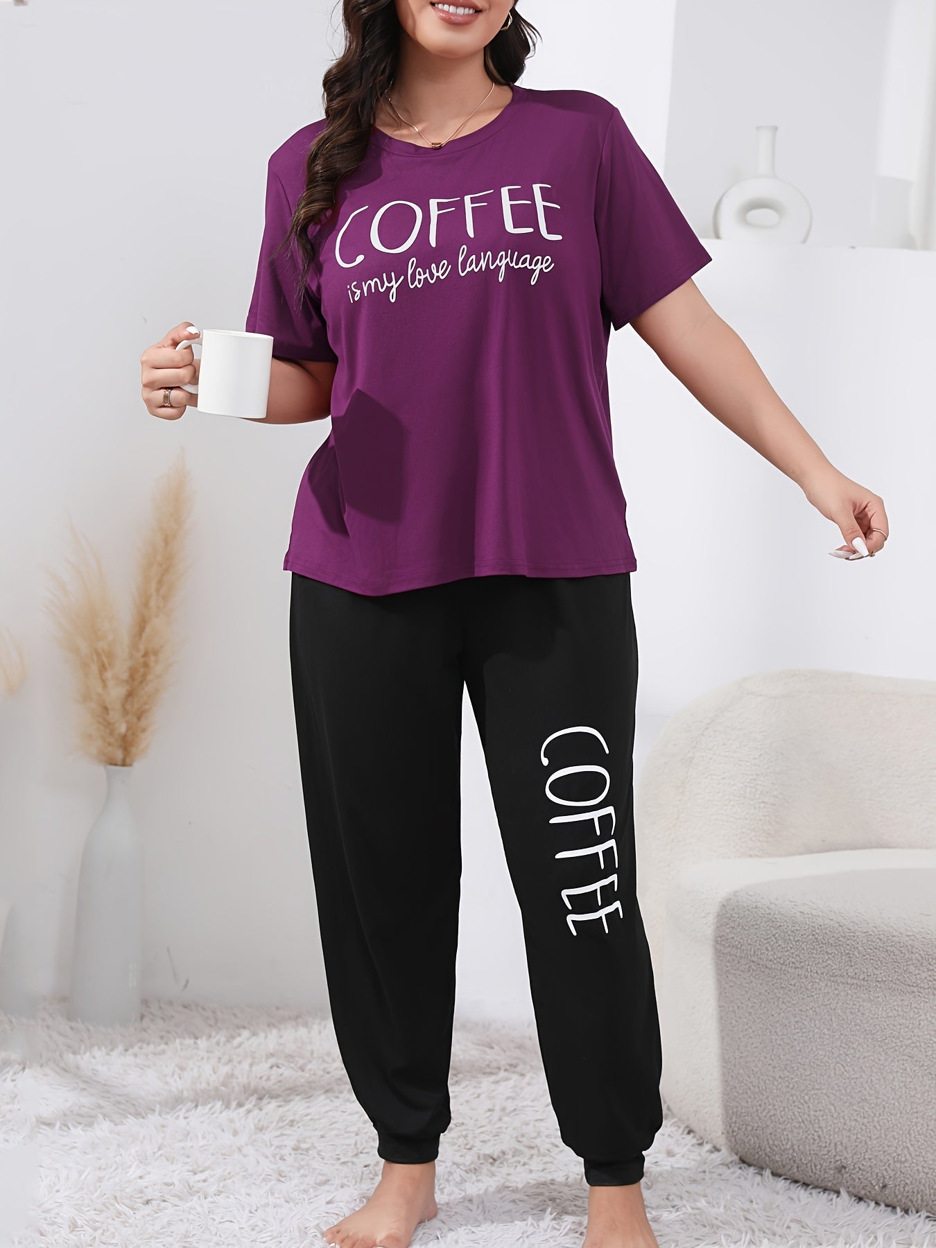 Casual Loungewear Set Women's Plus Letter Print Tee & Joggers