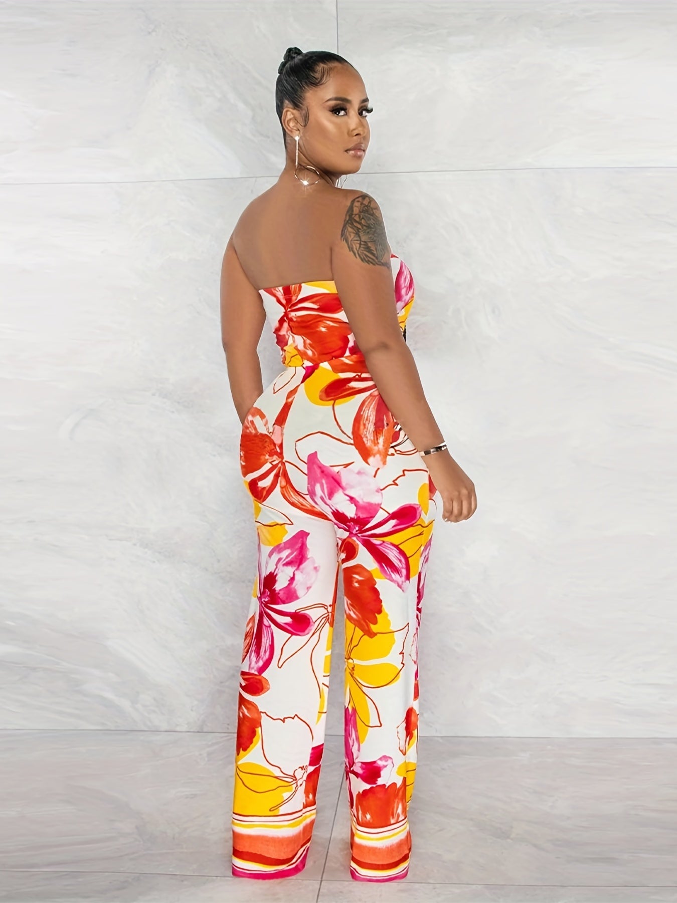 Tropical Floral Print Tube Jumpsuit Off Shoulder Summer Wide Leg Jumpsuit