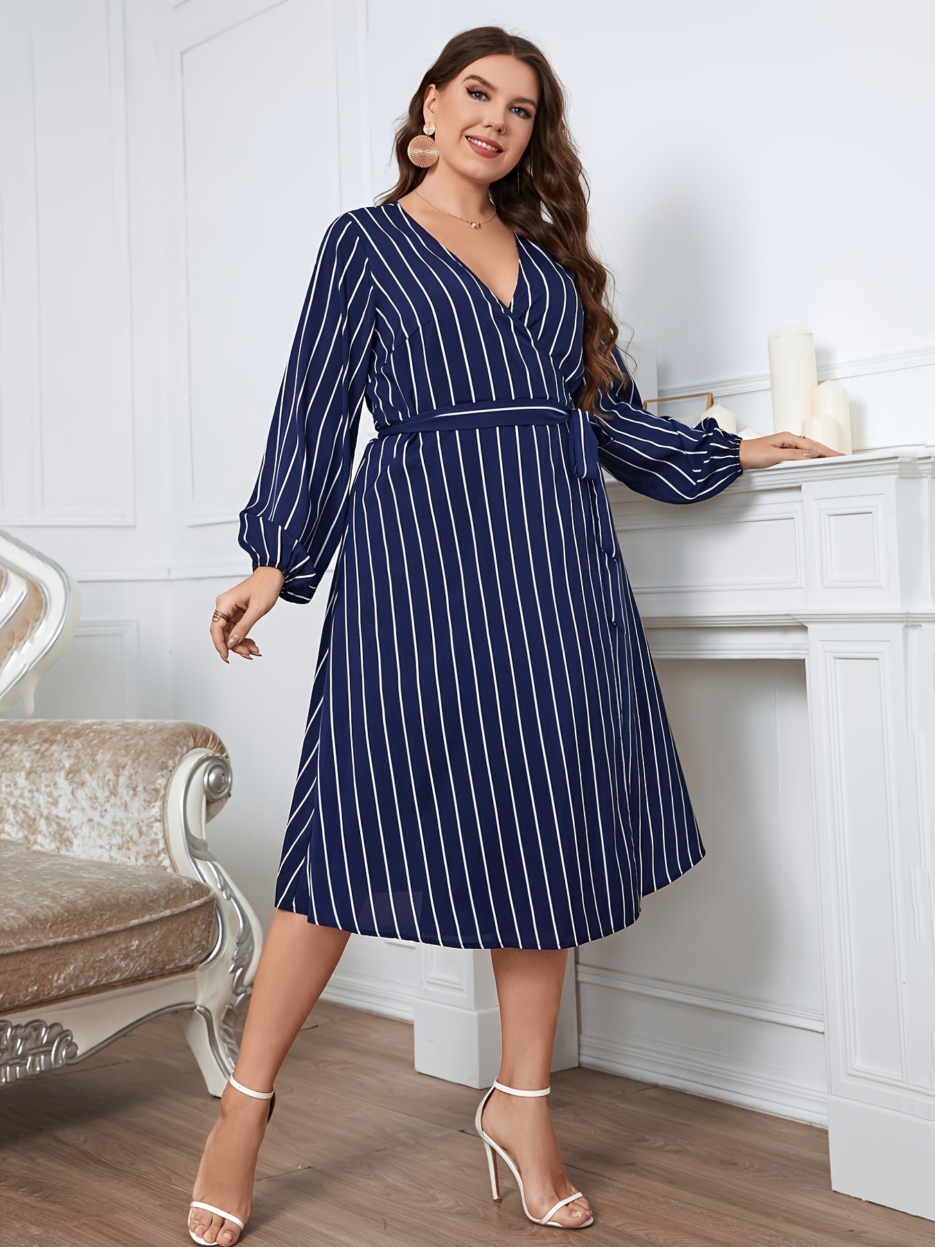 Deep V Neck Striped Midi Wrap Dress with Belt Women's Plus Size