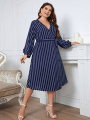 Deep V Neck Striped Midi Wrap Dress with Belt Women's Plus Size