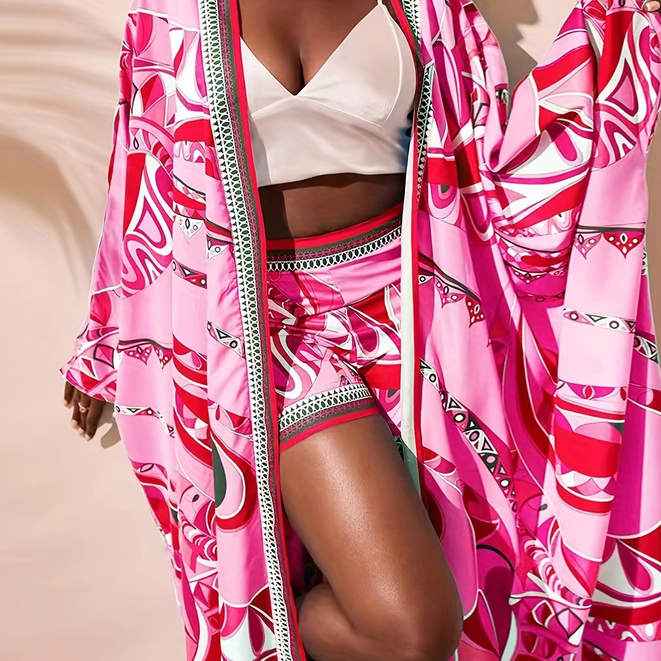 Casual Matching Kimono & Shorts Set Women's Outfit
