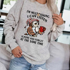 Owl & Letter Print Pullover Sweatshirt Casual Loose Long Sleeve Sweatshirt