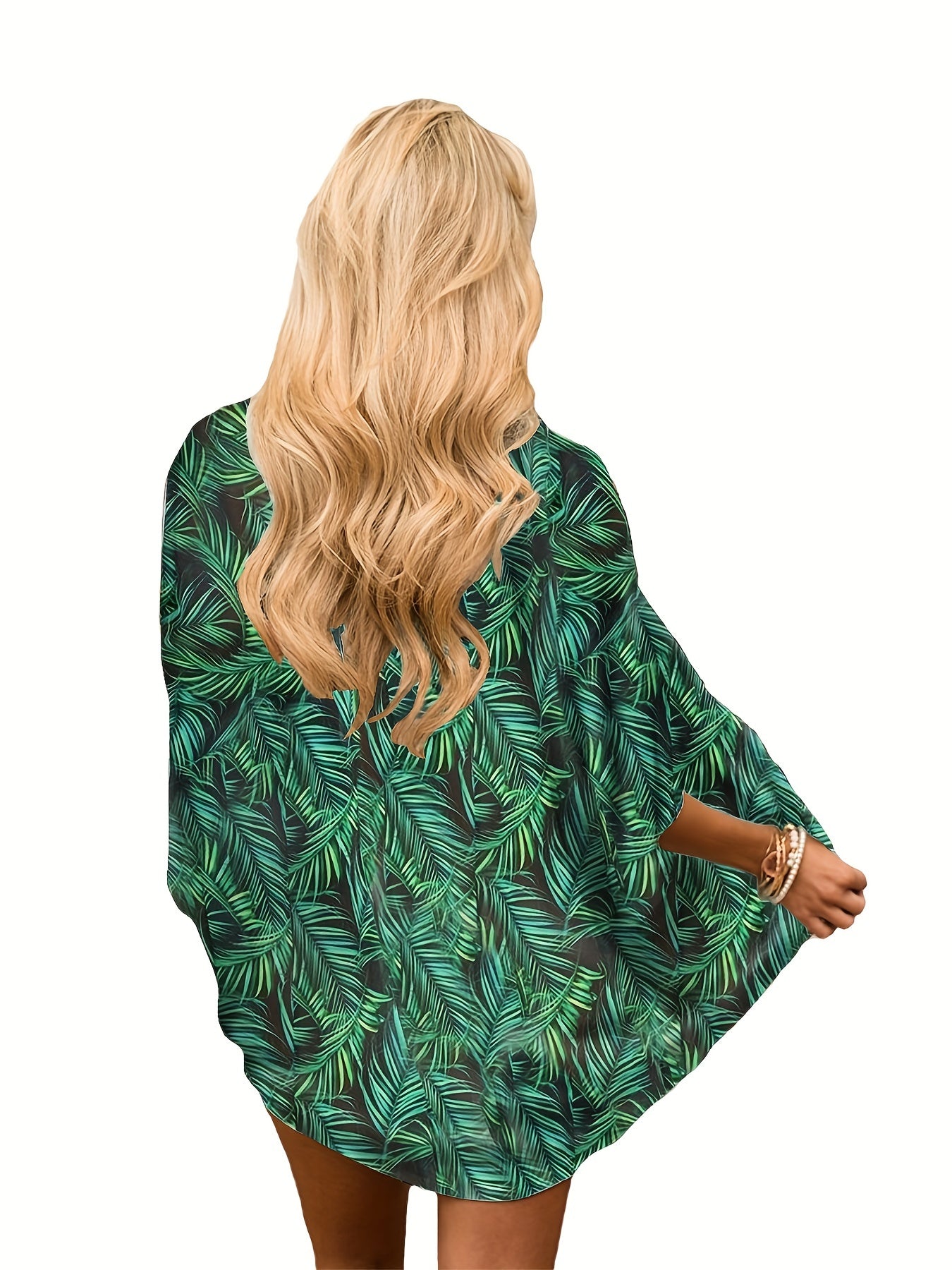 Leaf Print Cover Up Shirt V Neck Loose Fit Half Sleeves Non Stretch