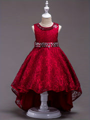 Girls Sleeveless Princess Dress Lace Beaded Rhinestone Flower