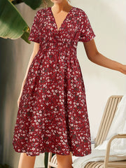 Ditsy Print Short Sleeve Surplice Neck Midi Dress