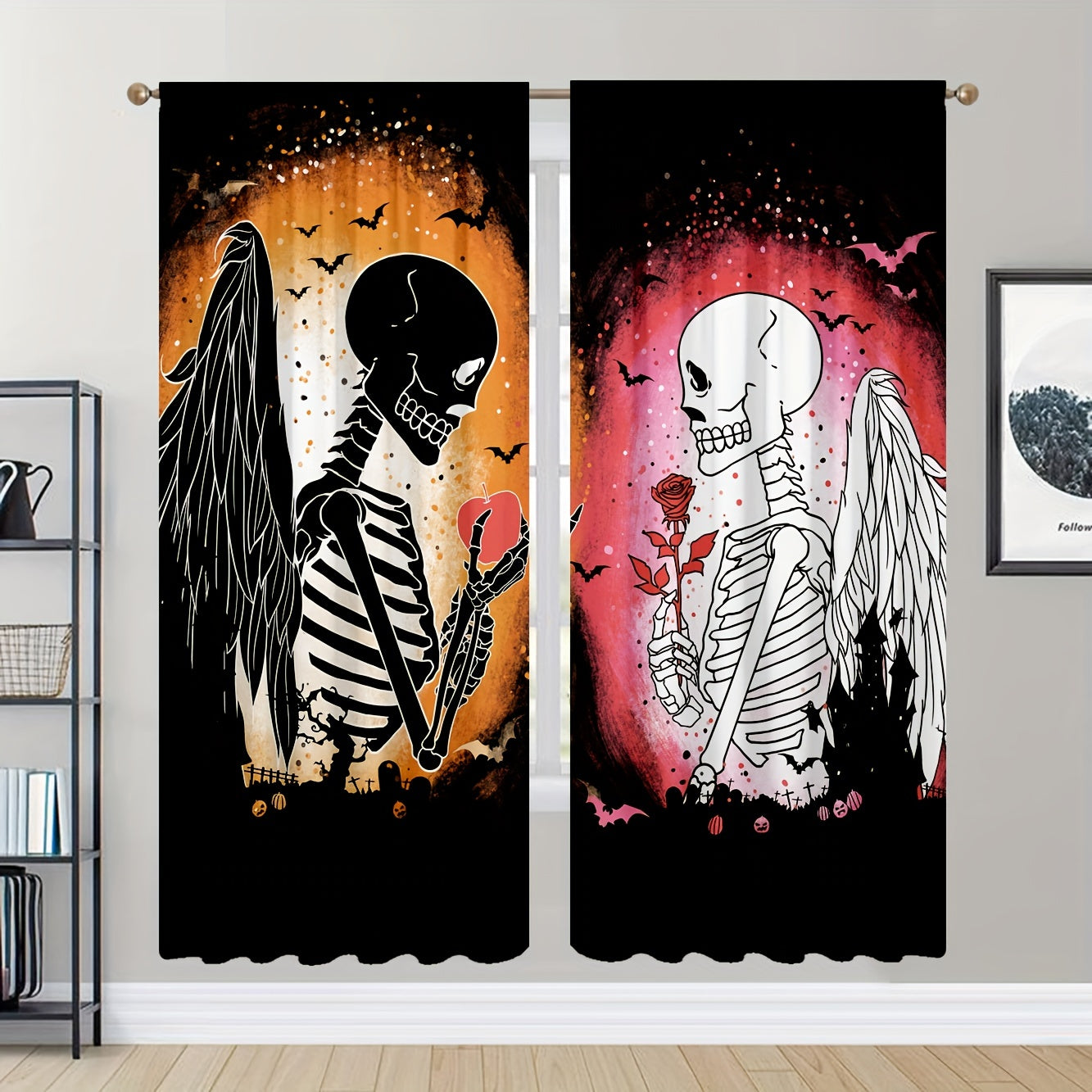 2 Panel Skull Printed Curtains Rod Pocket Top Window Drapes