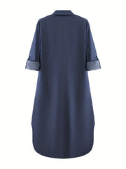 Solid Button Up Roll Long Sleeve Maxi Shirt Dress