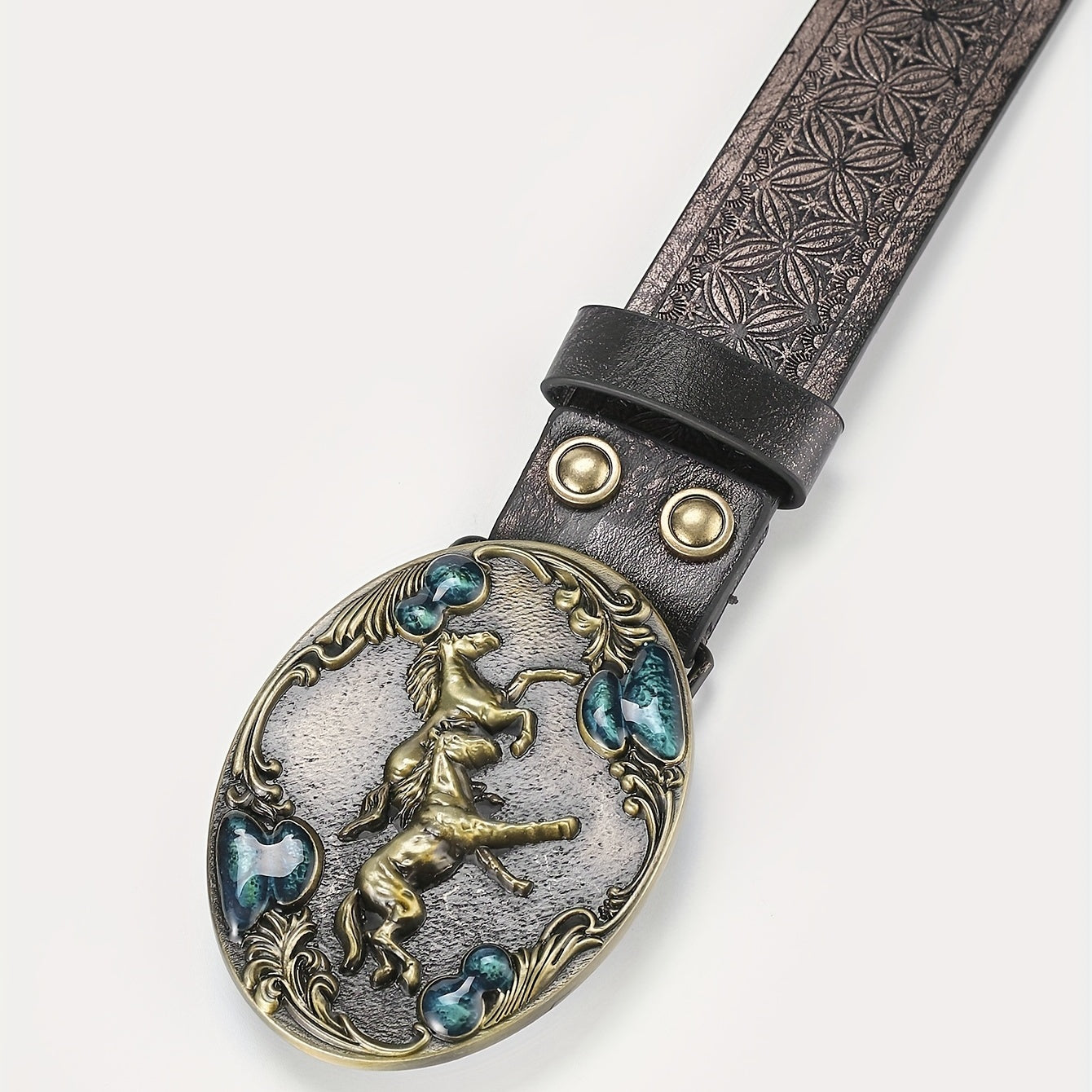 Men's Running Horse Belt PU Leather Floral Casual Jeans Western Cowboy Waist