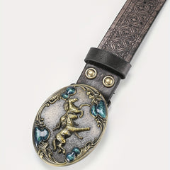 Men's Running Horse Belt PU Leather Floral Casual Jeans Western Cowboy Waist