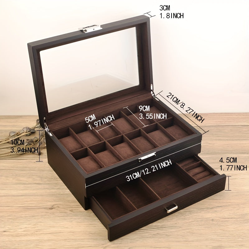 12 Slot Watch Box With Drawer Display Storage Men's Accessory