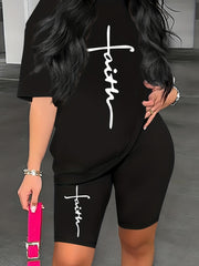 Cross Letter Print Tee & Shorts 2 Piece Set