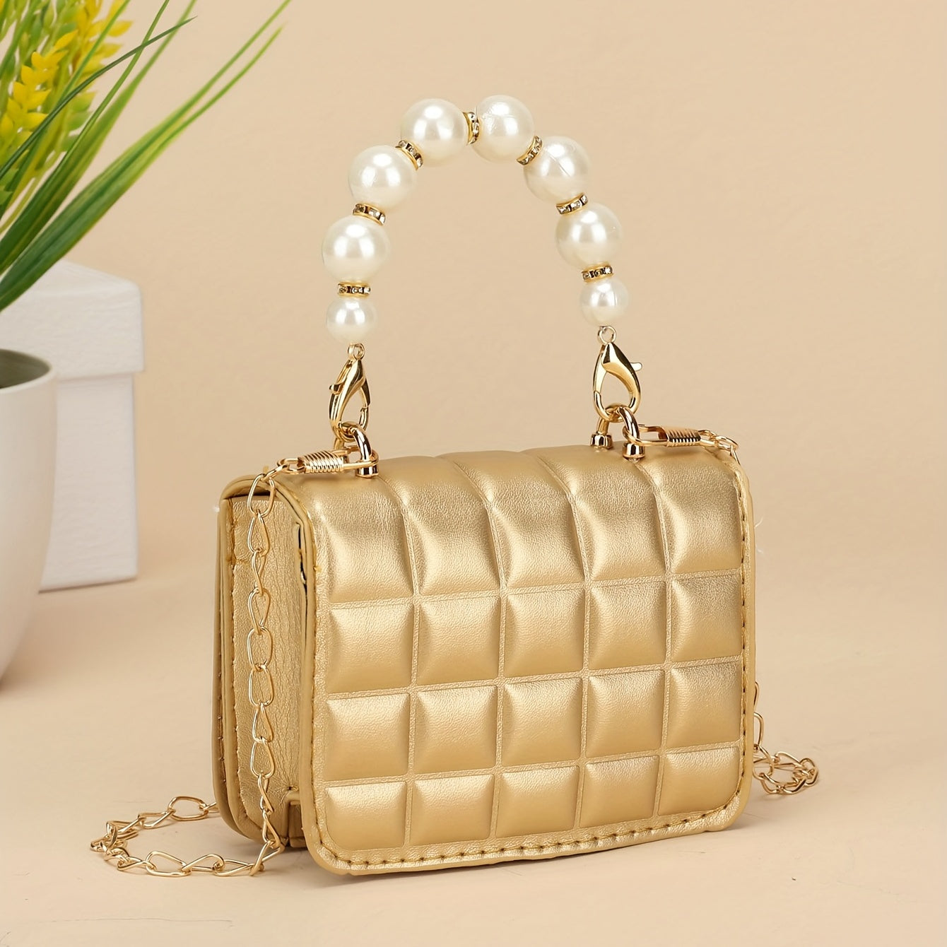Girls Shoulder Bag with Faux Pearl Handle Handbag
