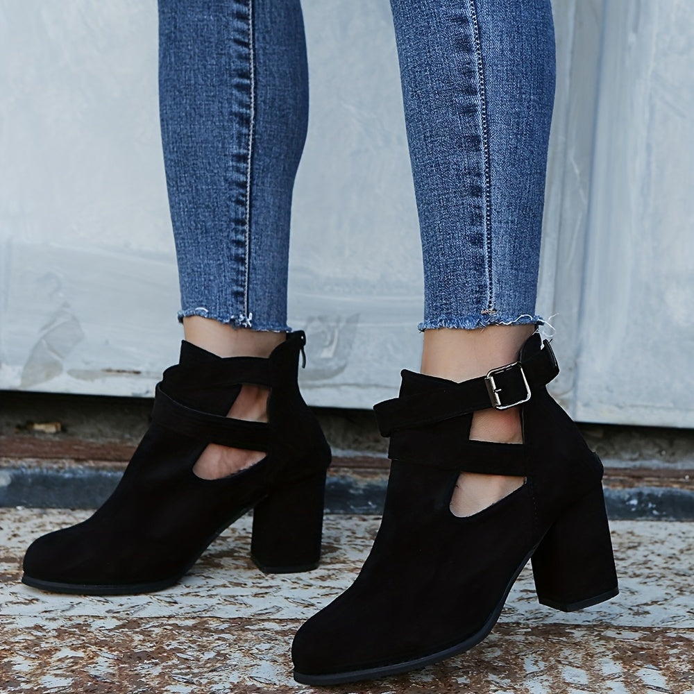 Women's Block Heel Ankle Boots Buckle Strap Zipper Shoes