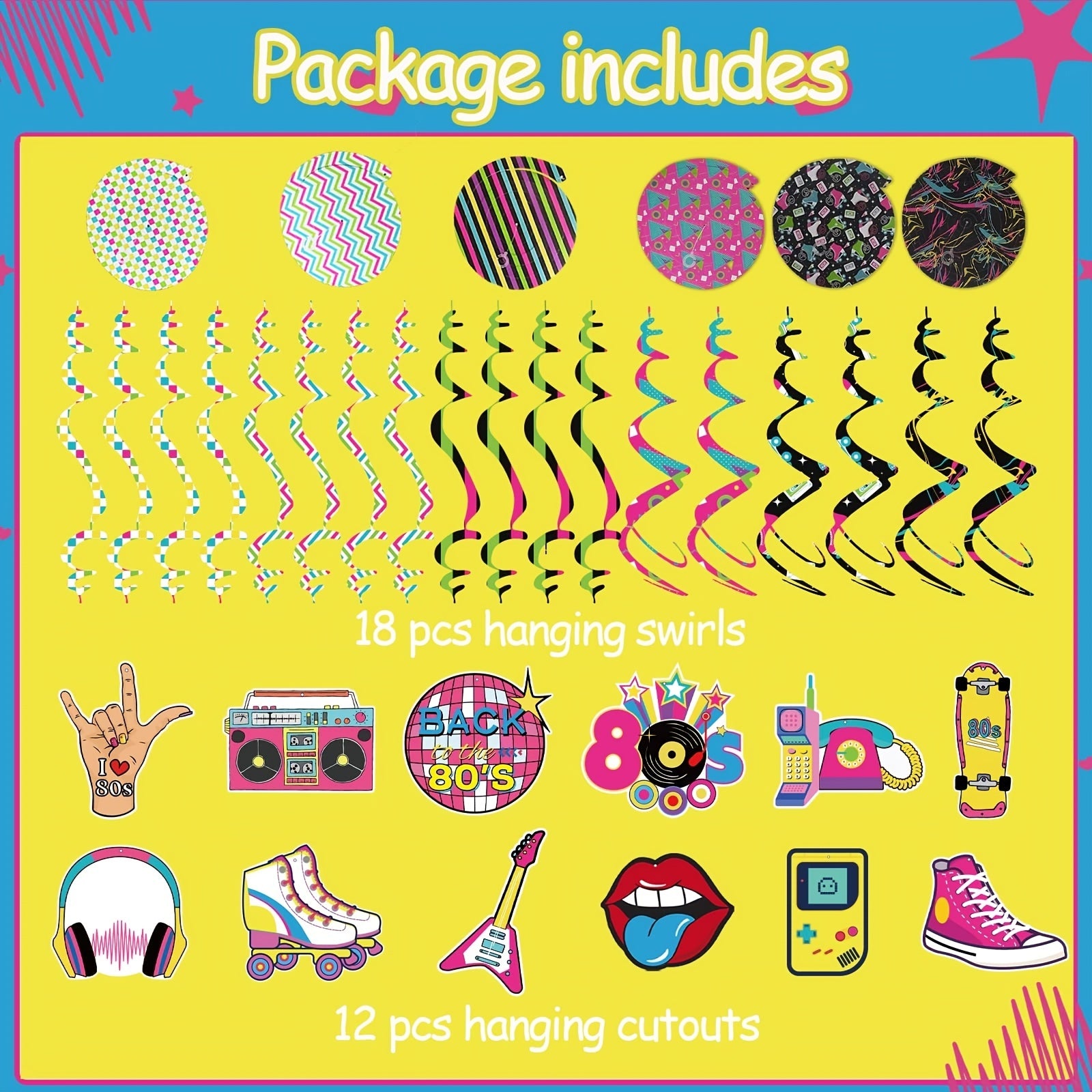30pcs 80s Hip Hop Neon Swirls Ceiling Decorations for Back to the 80s Party