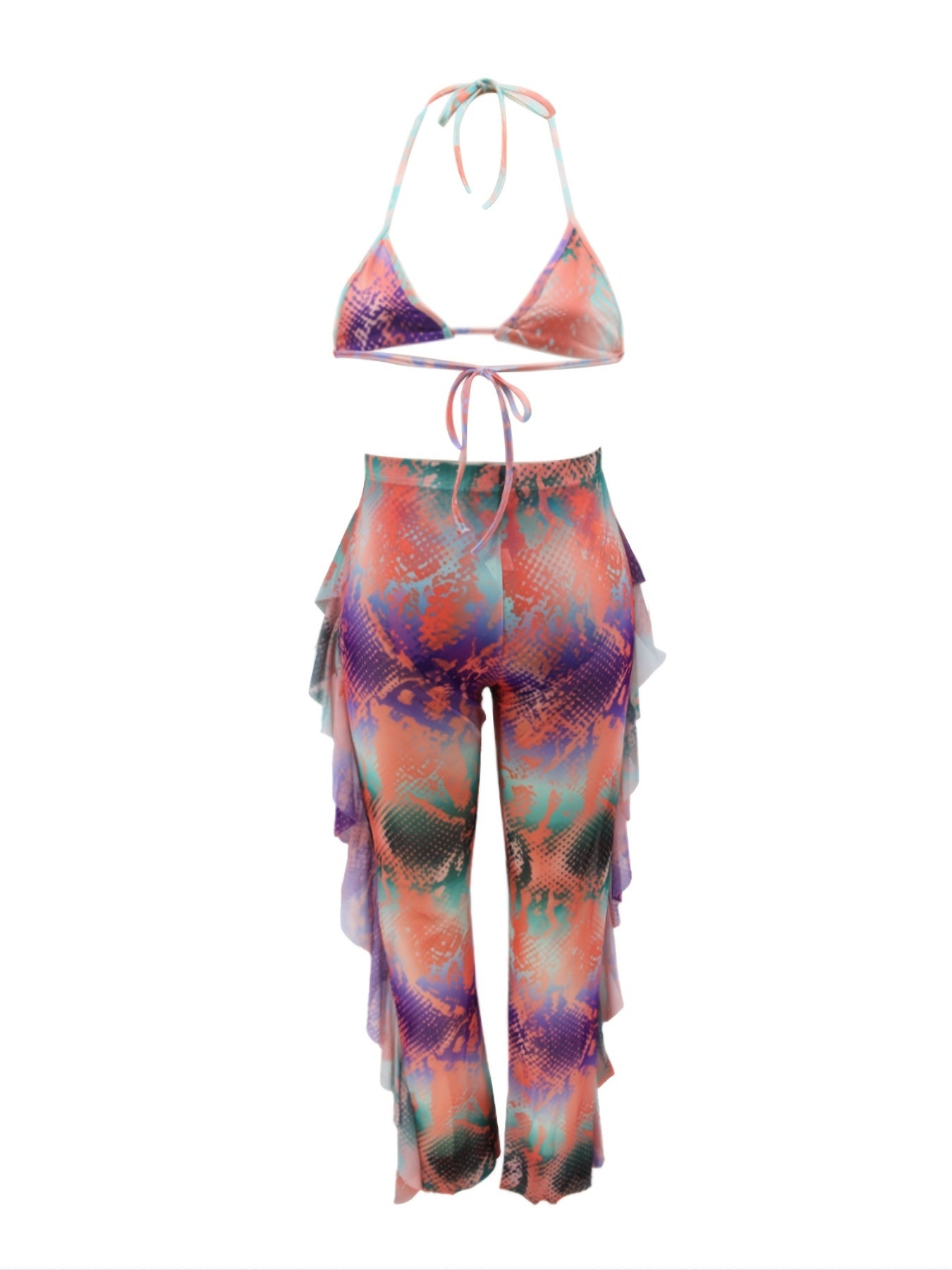 Tie Dye Strappy Top & Ruffle Trim Pants Swimsuit Set