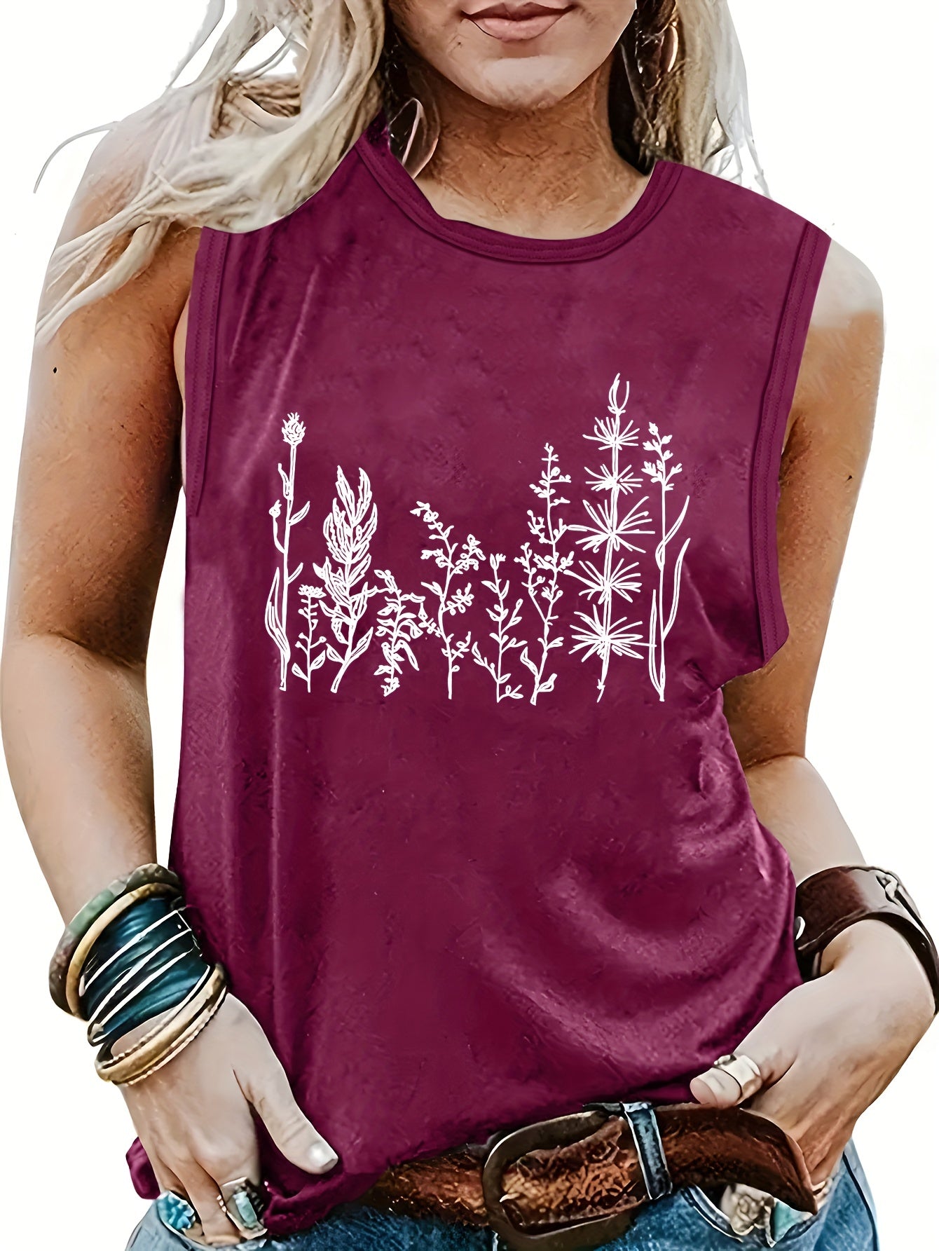Plant Print Crew Neck Tank Top Summer Sleeveless Casual