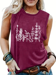Plant Print Crew Neck Tank Top Summer Sleeveless Casual