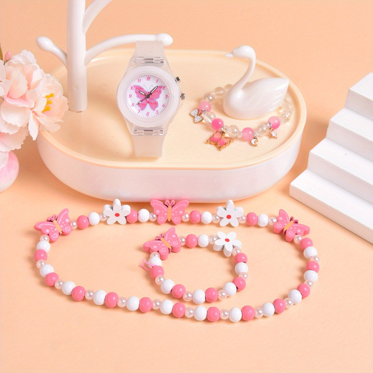4pcs Butterfly Watch Set + Beaded Bracelet Accessory