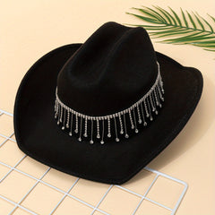 Rhinestone Tassel Vintage Fedora Cap Cowgirl Jazz Hat Unisex Boho Felt Hat