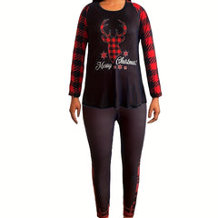 Plaid Deer & Letter Print Tee & Leggings Set