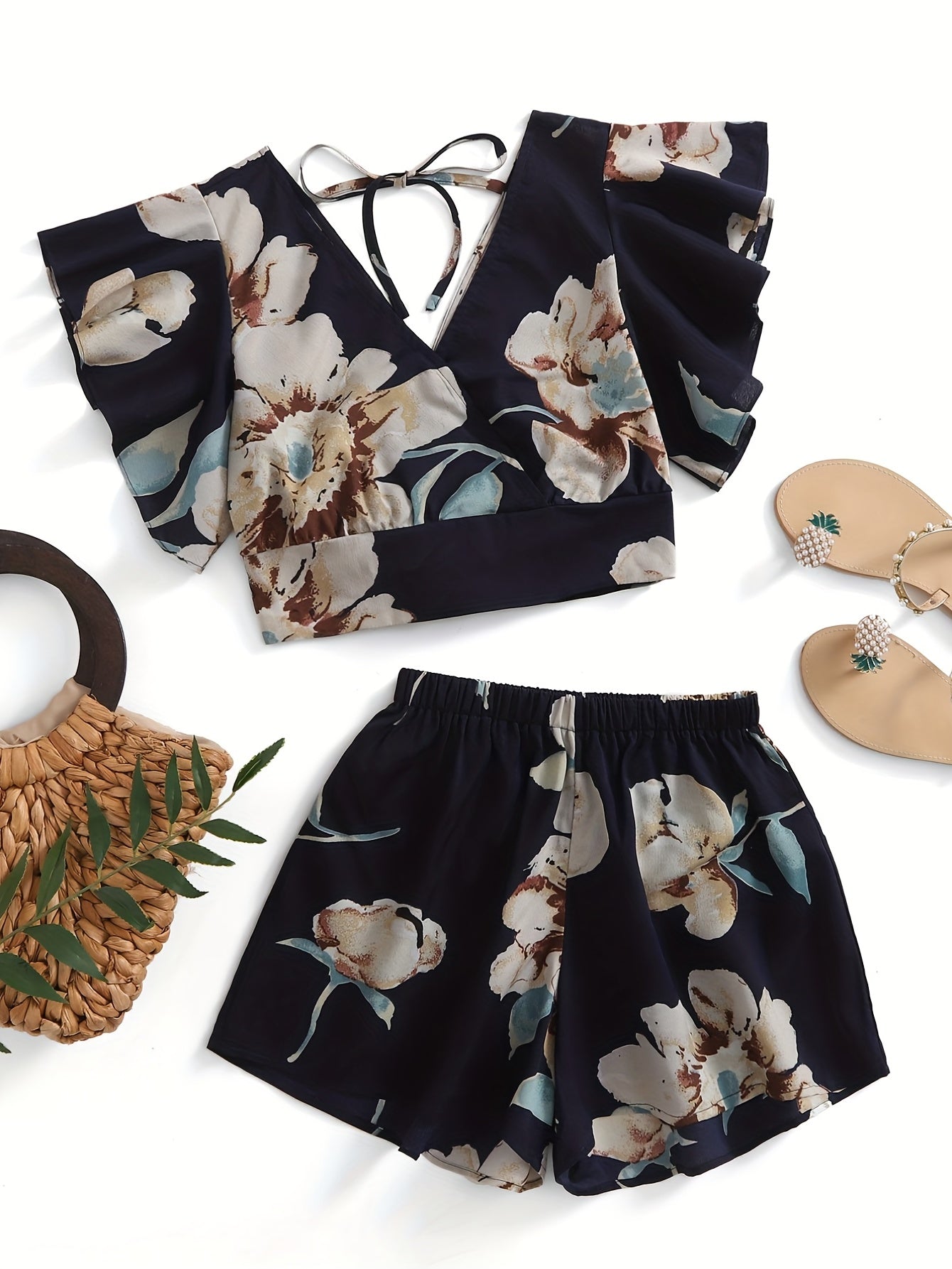 Vintage Floral Print 2pc Set V Neck Ruffle Trim Tops & Shorts Outfits