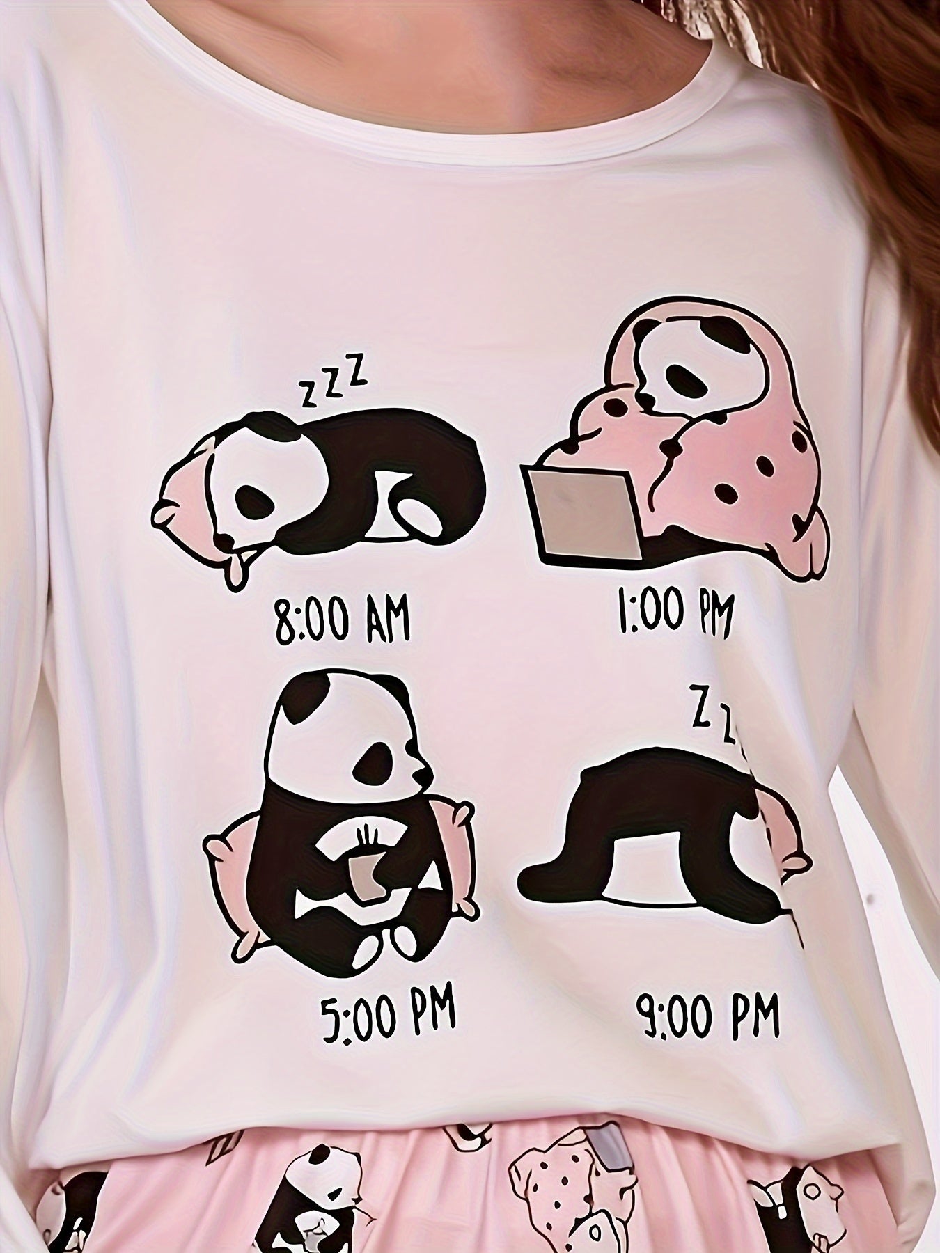 Panda Print Pajama Set Long Sleeve Crew Neck Top & Pants Women's Sleepwear