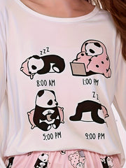 Panda Print Pajama Set Long Sleeve Crew Neck Top & Pants Women's Sleepwear