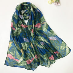 Green Voile Scarf Rainforest Bird Print Boho Shawl Head Wrap Bandana