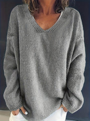 Solid V Neck Sweater Long Sleeve Loose Fit Pullover