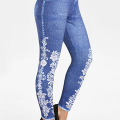 Floral Denim Print Leggings High Waist Seamless Long Length Leggings