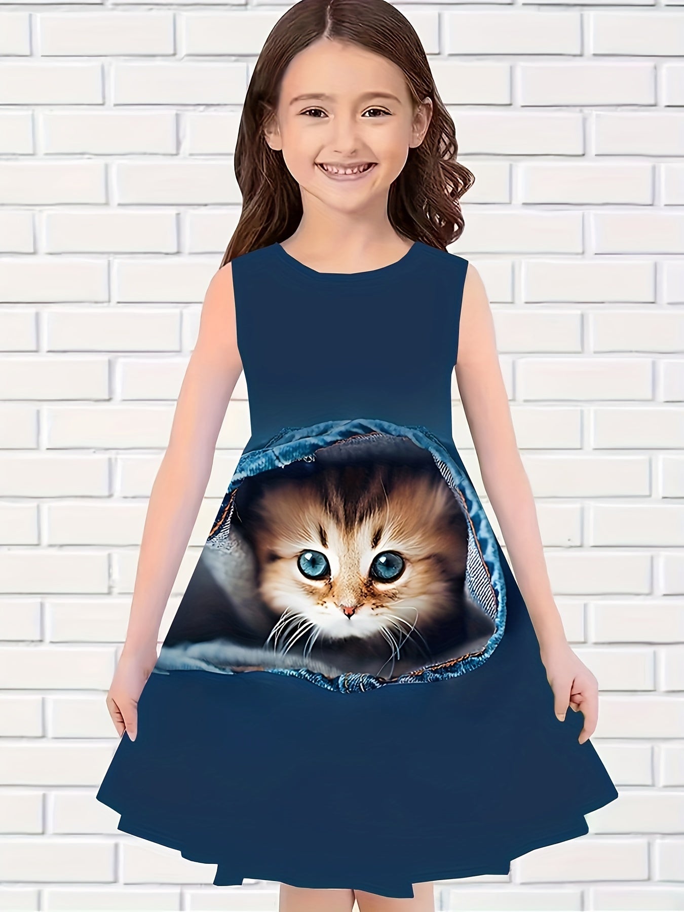 Creative Kitty Graphic Sleeveless Dress For Girls Summer