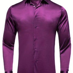 Men's Satin Button-Down Shirt Long Sleeve Casual Solid Prom Wedding Fit