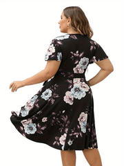 Women's Plus Floral Print Cap Sleeve Surplice Neck Bow Knot Medium Stretch Dress