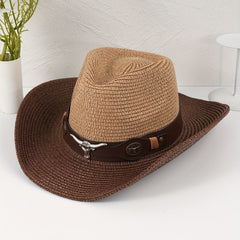 Vintage Bull Head Belt Cowboy Hat Straw Jazz Hat for Women & Men