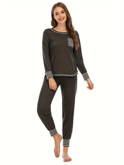 Striped Print Lounge Set Long Sleeve Crew Neck Top & Lace Up Pants