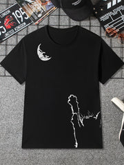 Cat And Moon Graphic Short Sleeve Top Printed T shirt Women's Activewear