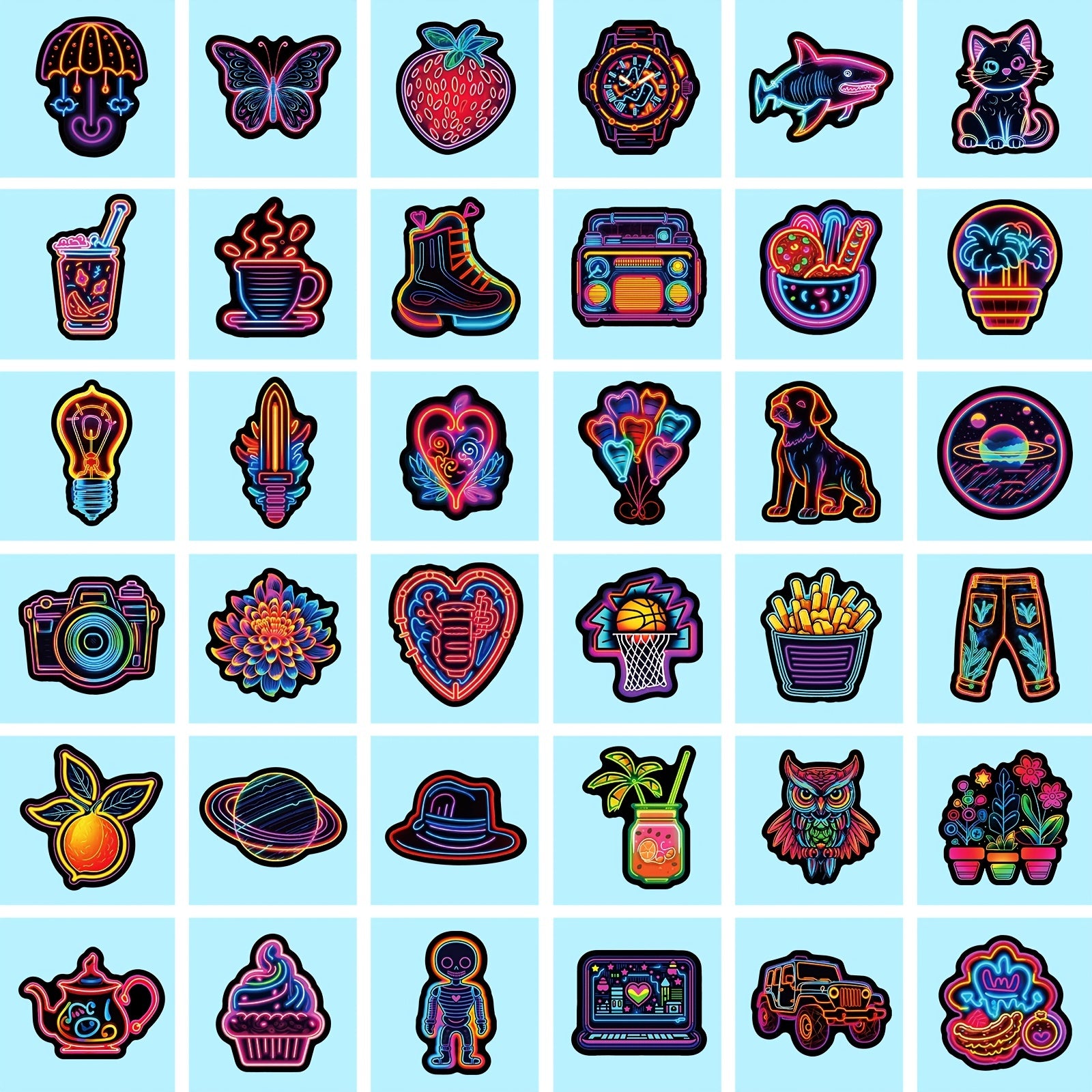 50pcs Neon Cartoon Stickers Waterproof Vinyl Decals for Water Bottle Laptop