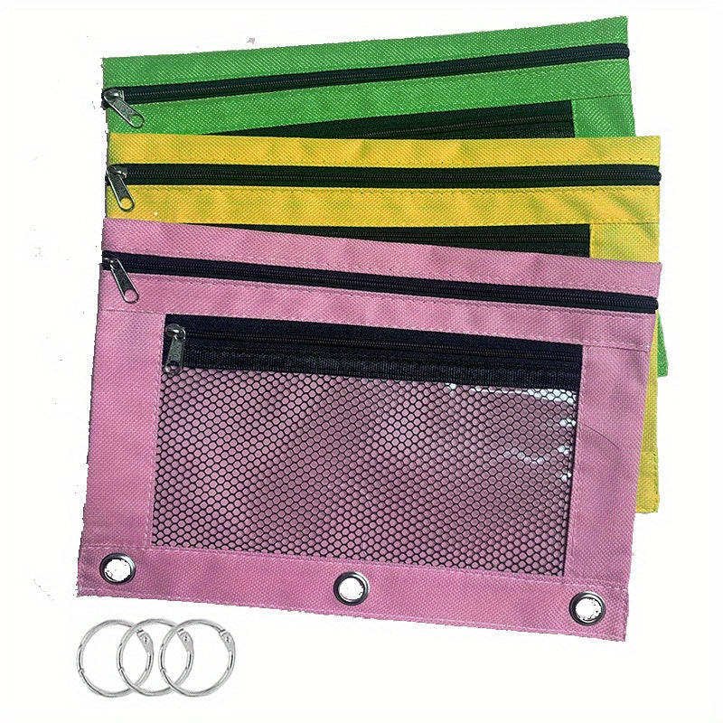 7pcs Zipper Pencil Pouches With Iron Rings For 3 Hole Binder